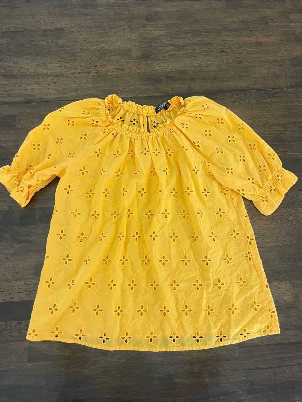 Cure Yellow Eyelet Ruffle-Neck Casual Top 100% Cotton Summer Spring Size Small
